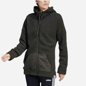 ADIDAS BRILLIANT BASICS DEEP PILE SHERPA FULL ZIP HOODIE GREEN WOMENS SMALL